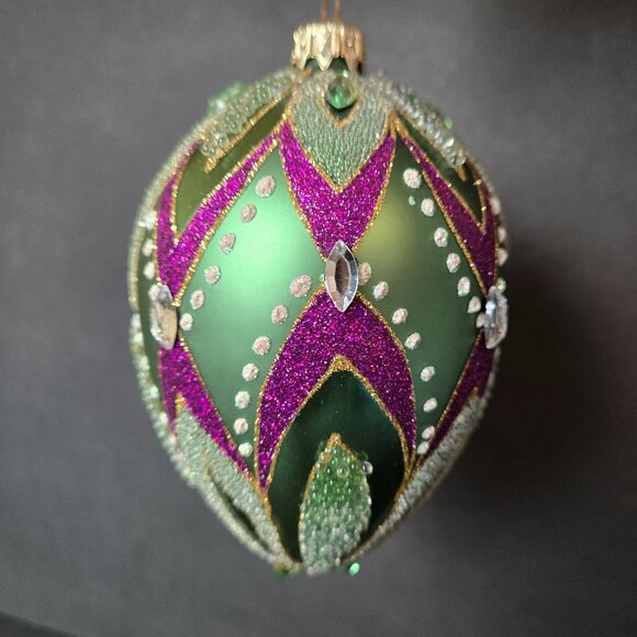 Jeweled Green Purple Glass Ornament Hand Decorated 5 Inch Luxury Christmas Decor - Picture 1 of 7